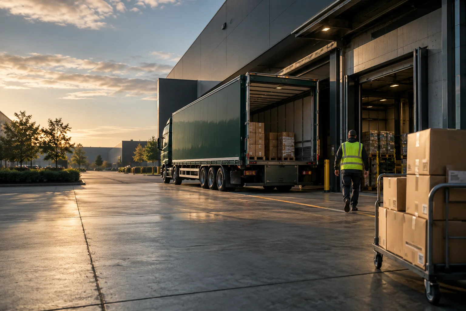 Freight truck at a warehouse loading bay in the early morning